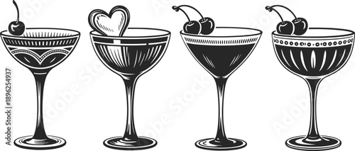Stylized Cocktail Glasses, Cherry Garnish Art, Mixology Illustration, Black and White Drink Icons, Elegant Barware Design, Beverage Graphic Set