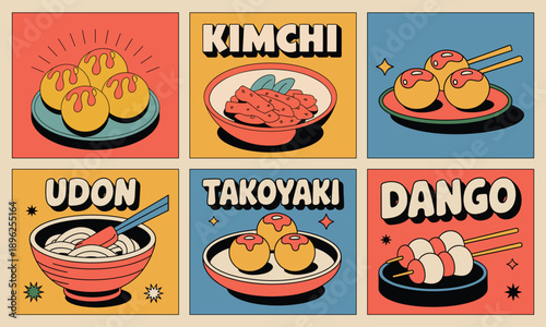 Vibrant retro Asian food poster collage featuring popular Japanese street snacks Takoyaki, Udon, Dango, and spicy Korean Kimchi in a groovy 70s vintage aesthetic.