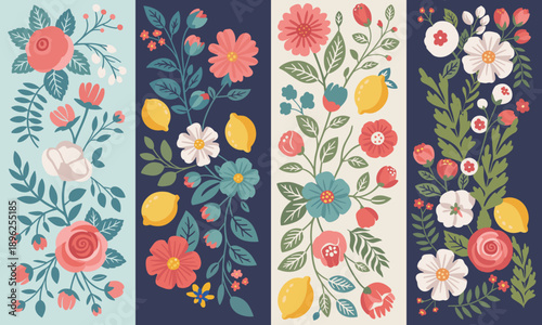 Modern folk art illustration of four vertical floral borders featuring bright roses, white daisies, and yellow lemons on contrasting backgrounds.