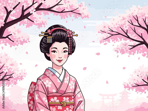 Traditional Japanese Woman in Pink Kimono with Elaborate Hairstyle.