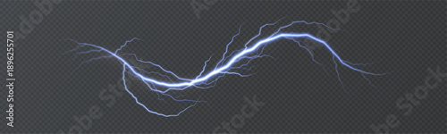 Blue lightning with branching electrical discharges and a soft glow, isolated on a dark background. This electrical discharge effect is suitable for magical overlays in design and illustrations.