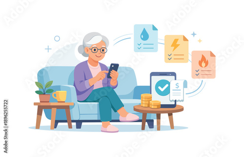 Senior woman managing finances on smartphone, flat vector illustration