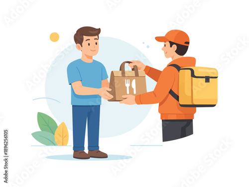Delivery person handing over food package to customer, flat vector illustration