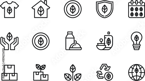 Line icons illustrating sustainability, environmental protection, recycling, and organic product concepts isolated on white background