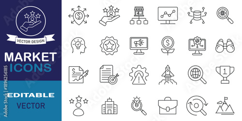Market editable line icons set. Modern thin line style of business related icons. Data analytics, stock market, market trends, branding, budget, sales, and more. Simple line vector.