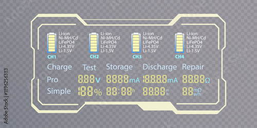 Battery charging control panel with neon frame, charge level indicators and data on charging, storage, discharge and repair, located on a transparent background.