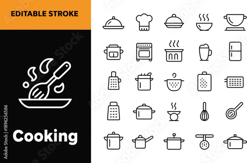 Outline icons collection of essential kitchen appliances and cooking utensils for food preparation isolated on white background