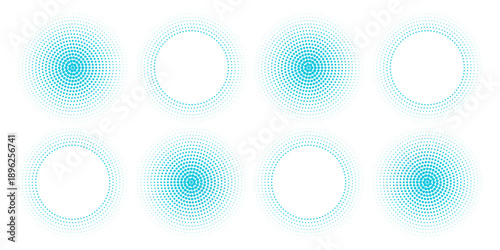 Dotted simple blue gradient halftone effect spots set. Isolated vector dotted circles technology design elements abstract modern simple