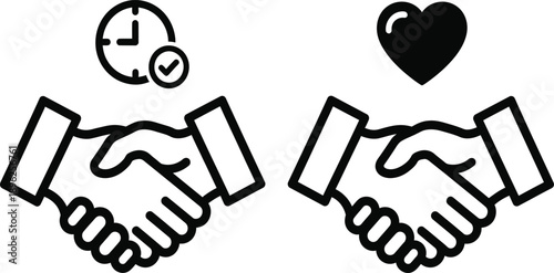 Handshake agreement icons symbolizing timely commitment, efficiency, trust, and heartfelt partnership for business collaboration