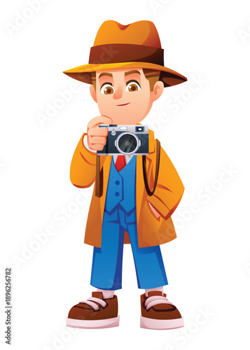 Little boy detective in holding a vintage camera to take photos. Vector cartoon character illustration