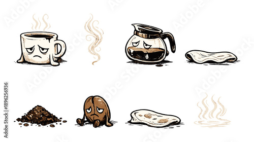 Sad coffee characters depicting different stages: mug, pot, grounds, bean, spill, steam