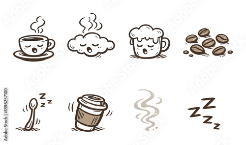 Cute coffee icons featuring cups, beans, and frothy designs with sleepy elements