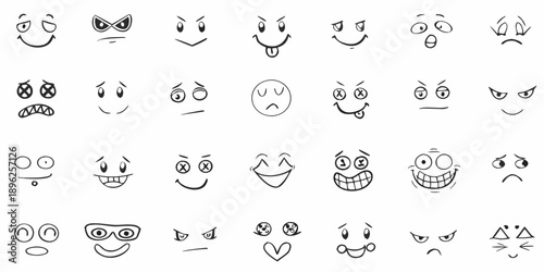 Collection of hand drawn black and white facial expressions and emoticons