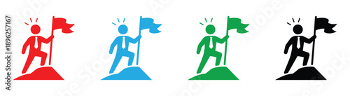 businessman success achievement icon set person with flag on mountain peak leadership goal