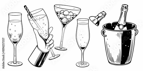 Celebratory drinks arrangement champagne flutes bottle and ice bucket sketch