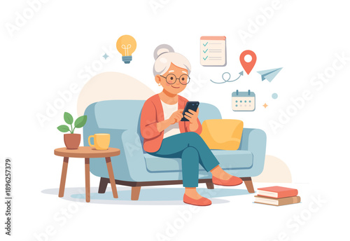 Senior woman using smartphone on sofa, flat vector illustration