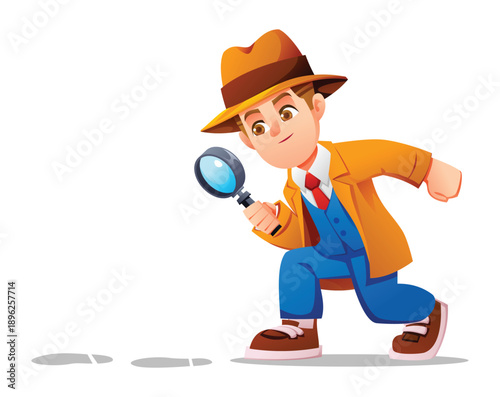 Active boy detective following giant footprints on the ground with a magnifying glass. Vector cartoon character illustration