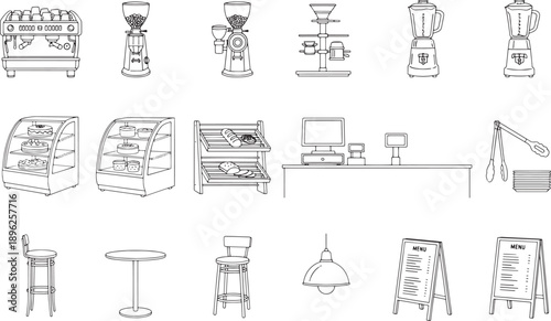 A comprehensive black and white line art illustration showcasing an array of cafe essentials. From the espresso machine to the pastry display.