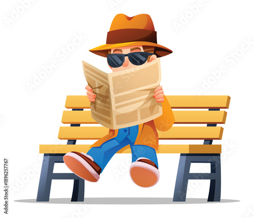 Mysterious boy detective wearing sunglasses and sitting on a bench reading news. Vector cartoon illustration