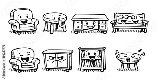 Cartoon furniture with expressive faces in black and white
