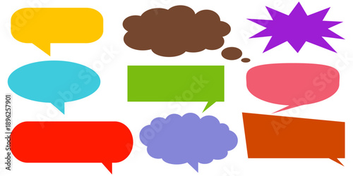 A simple design set of colorful message comment chat boxes. A collection of comic and social media speech bubbles, text boxes, and chat boxes. A vector set of comic and social media speech bubbles.