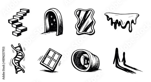 Surreal black and white icons - stairs, doorway, mirror, melting, dna, window, tunnel, shadows