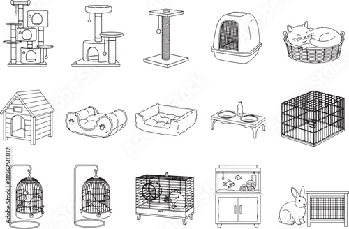 Pet essentials neatly arranged, from cozy cat trees and scratching posts to comfortable beds and practical feeders, showcasing the perfect setup for beloved pets.