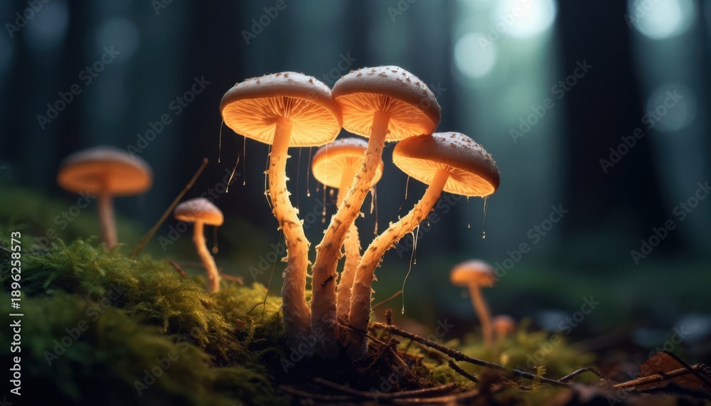 Fototapeta premium Glowing mushroom cluster in misty forest