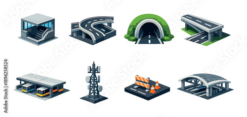 Stylized infrastructure icons: tunnels, bridges, roads, stations