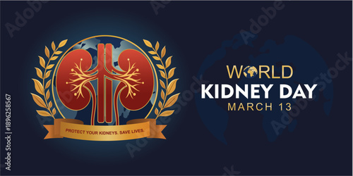 World Kidney Day banner background. Flat medical icon design to raise awareness of kidney health on March 13. With kidney, world map and golden typography on dark blue background.