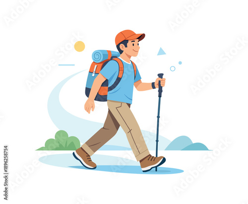 Man hiking with backpack and trekking pole, flat vector illustration