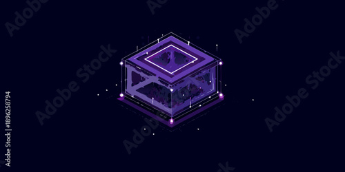 Isometric purple glowing cube with intricate geometric details on dark background