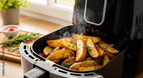 Modern air fryer open, golden rustic potato wedges inside, steam rising, crispy texture, warm kitchen light, home cooking, appetizing, realistic food photography