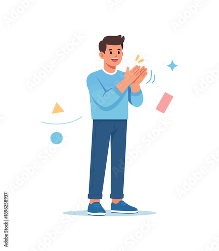 Happy man applauding in casual outfit, flat vector illustration
