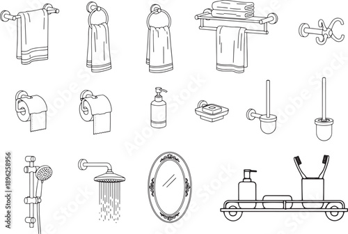 A comprehensive set of bathroom essentials, including towel rack, toilet paper roll, soap dispenser, and shower head, all rendered in an elegant, clean line art style.