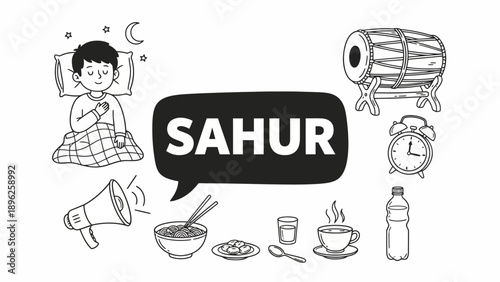 Early morning sahur meal preparation with drum, alarm, and breakfast items around a person waking up to eat before fasting