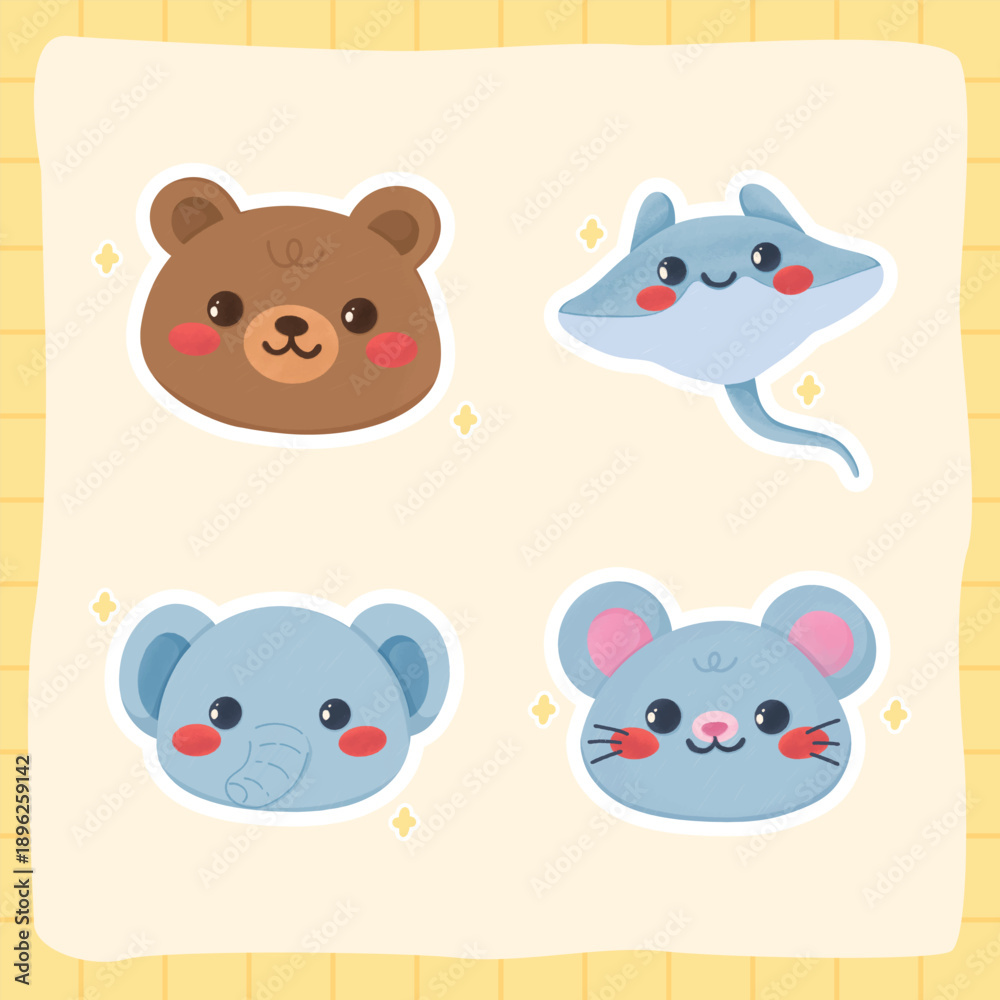 Fototapeta premium Cute Bear and Mouse Cartoon Animal Faces Set