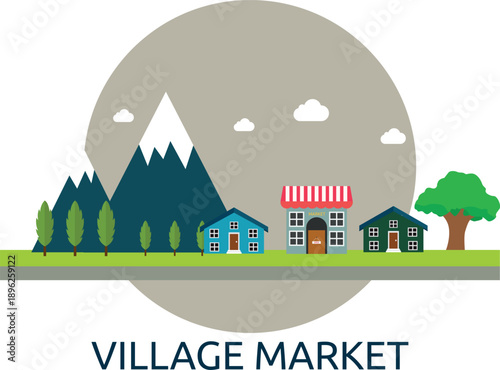 Flat vector illustration of village market scene featuring small houses, local shop, trees, mountains, and rural landscape. Represents village life, local business, traditional market, countryside env