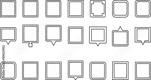 Minimalist square frame icons set, geometric border outlines, chat bubble speech box silhouettes, clean line vector elements for digital interface design.