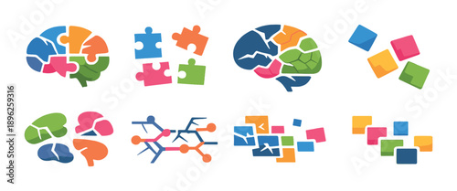 Colorful glowing neon puzzle pieces on gray background