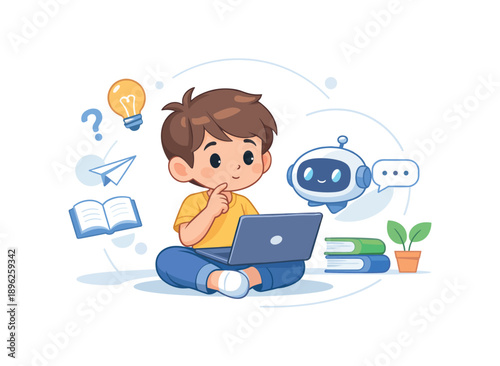 Child contemplating ideas with laptop and ai robot, flat vector illustration