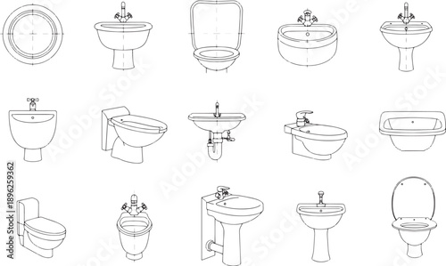Detailed line drawings of various sanitary fixtures, highlighting a range of toilet and sink designs suitable for architectural projects and design concepts.