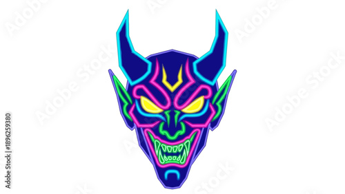 Neon Devil Mask Glowing Evil Face with Horns and Sharp Teeth