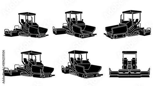 Set of Black and White Silhouettes of Asphalt Paver Machines in Different Views