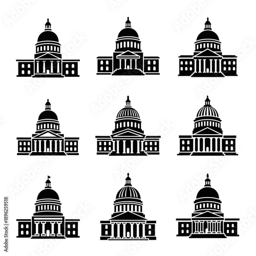 Set of Capitol Building Silhouettes, Government Architecture Icons