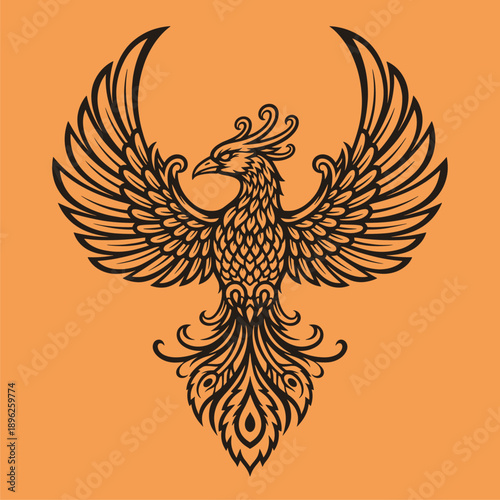 Mythical Phoenix Bird Illustration with Ornate Feathers and Spread Wings on Orange Background