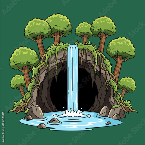 Cartoon Cave Entrance with Waterfall, Pond, and Forest Trees. Stylized Nature Illustration
