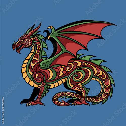 Ornate Red and Green Dragon Illustration with Intricate Patterns on Blue Background