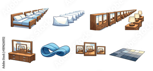 Row of furniture with mirrors, infinity symbol, and chessboard pattern