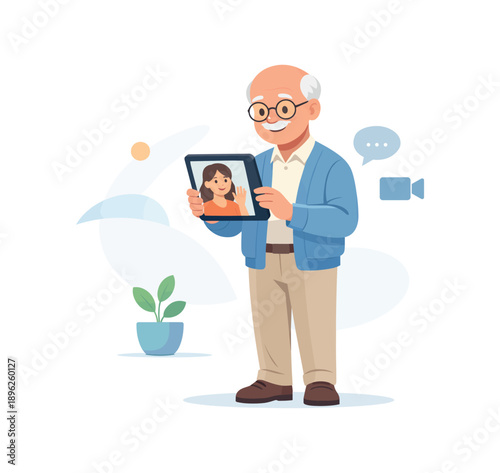 Elderly man video calling on tablet, flat vector illustration